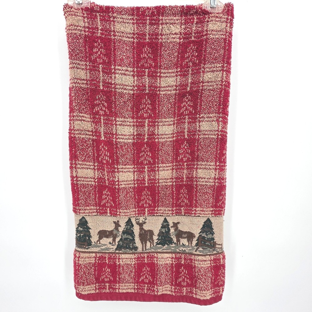 Vintage Santens Plaid Christmas Deer Trees Red Tan‎ Jacquard Bath Towel Cotton